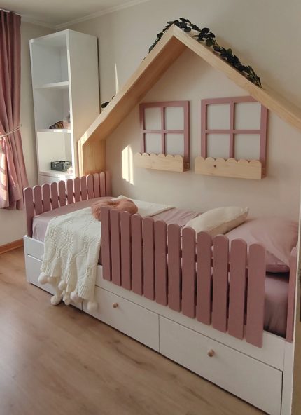 CAMA JARDINERA CASITA – cama infantil con librero, cajones y baranda desmontable