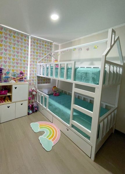 CAMAROTE CASITA CHIMENEA – cama infantil de madera blanca con cajones (1 plaza o 1,5 plaza)