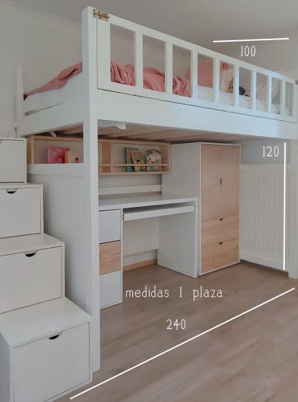 CAMA ALTA NATURAL cama juvenil de madera con escritorio y almacenamiento – Moblalesly