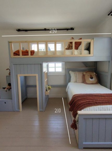 CAMAROTE IDEAS – cama casita infantil con cama baja, nido, escalera de cajones, librero y barandas desmontables