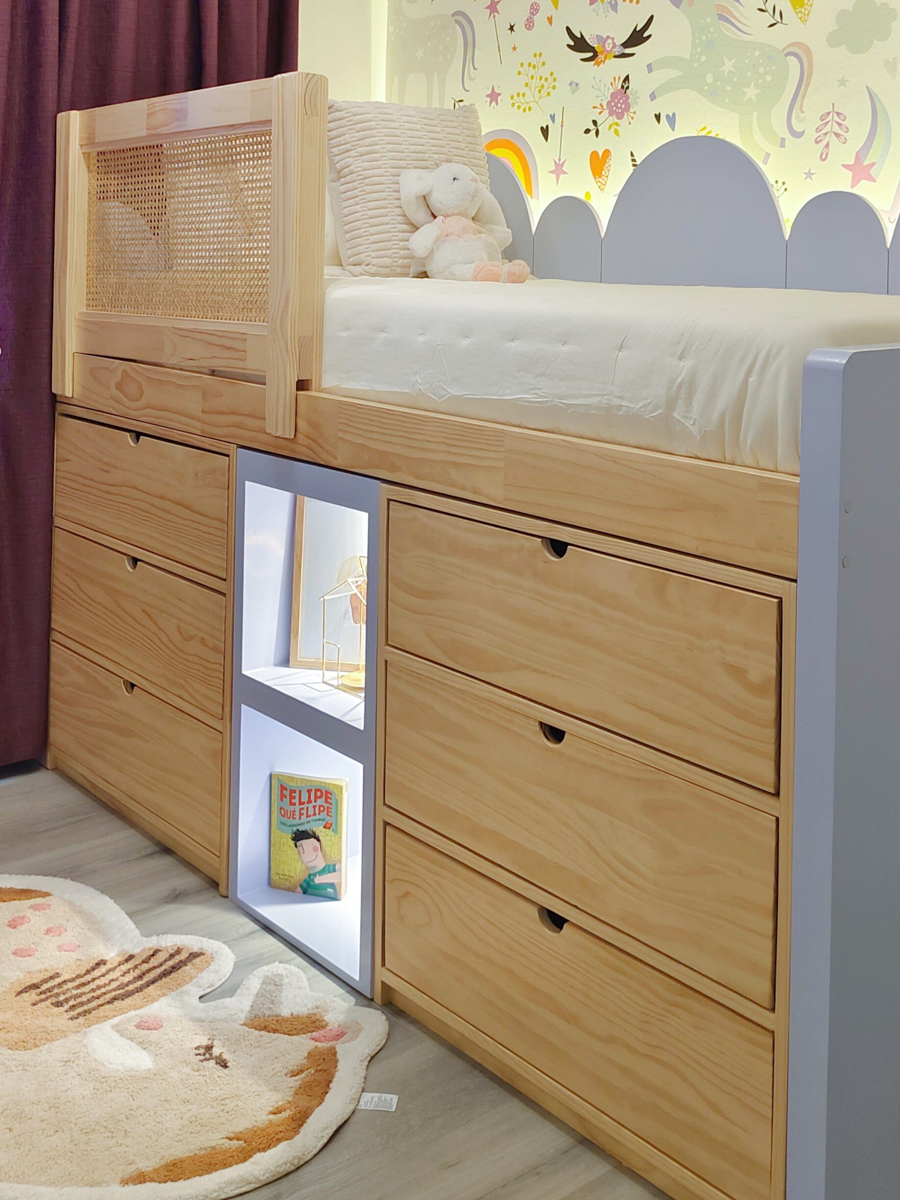 1000163866.jpg CAMA NUBES – cama semi alta con cajoneras inferiores y estantería iluminada - Imagen 1