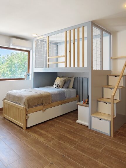 CAMAROTE O ELEVACIÓN ARIEL INFANTIL- con escalera de cajones, resbalin, luces malla de seguridad y diseño nórdico, ideal para optimizar espacios pequeños