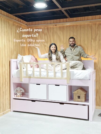 CAMA MATILDE SIM- Librero, baranda desmontable, cama nido, cajonera y luz